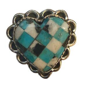 Sterling Heart Ring Turquoise & White Inlay Checkerboard Design Adjustable